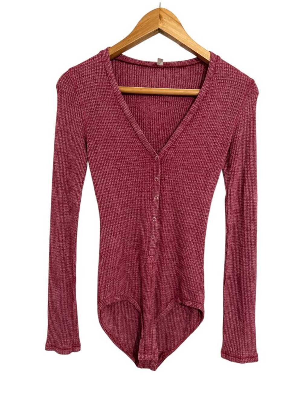Intimately by Free People Burgundy Waffle Knit Long Sleeve Henley Bodysuit S
